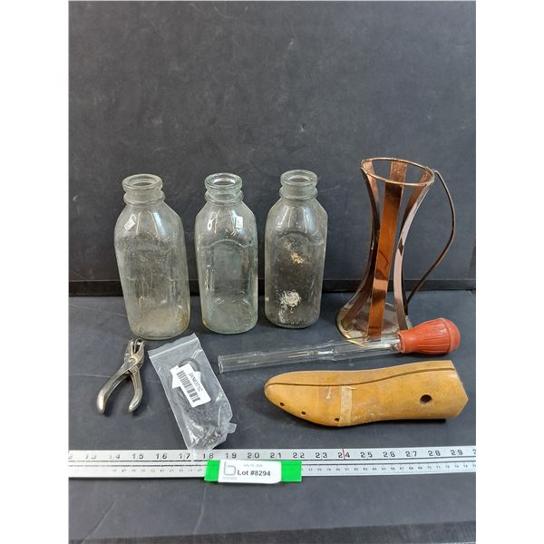 (3) Glass Milk Jugs, Glass Chemical Baster, Hole Punch, Cobbler Foot Tool