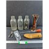 Image 1 : (3) Glass Milk Jugs, Glass Chemical Baster, Hole Punch, Cobbler Foot Tool
