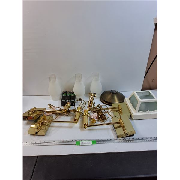 (4) Brass Styled Plug in Light Fixture & (3) Hurricane Lamp Shades, (3) Light Bulbs, Misc