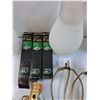 Image 3 : (4) Brass Styled Plug in Light Fixture & (3) Hurricane Lamp Shades, (3) Light Bulbs, Misc