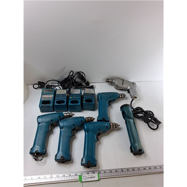(4) Makita Chargers, (4) Makita Drills, Makita Flashlight, Shopcraft Drill - As Is