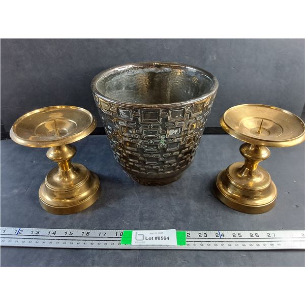 (2) Brass Candle Stands and Ceramic Planter