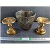Image 1 : (2) Brass Candle Stands and Ceramic Planter