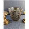Image 3 : (2) Brass Candle Stands and Ceramic Planter