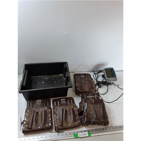 (4) Kuny's Leather Toolbelt, Plastic Container, Eagle Fish Finder - As Is