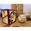 Image 3 : 418 -- LOT OF COLLECTABLLE SPORTS MEMORABELIA, BASEBALL HOLDERS, NOLAN RYAN CARD, BALL, AND STATUE,