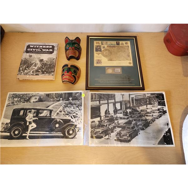 421 -- HANDCARVED AND PAINTED INDIGENOUS MASKS, CIVIL WAR HISTORY BOOK, COMLUMBUS QUINCENTENNIAL POS