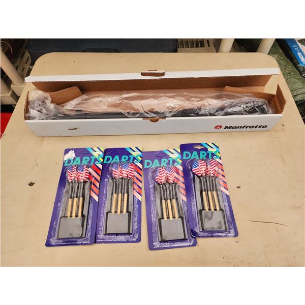 446 -- MANFROTTO TRIPOD, FOUR PACK OF DARTS, AND TWO GREEN/CAMO TARPS