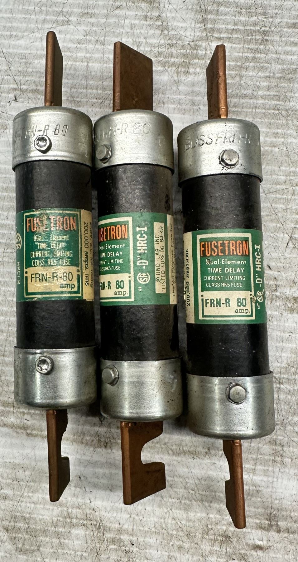 Lot of (3) Misc. Fusetron #FRN-R-80 Fuses