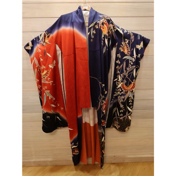 Orange & Blue Japanese Kimono w/ Floral Design & Tag   Women's One Size
