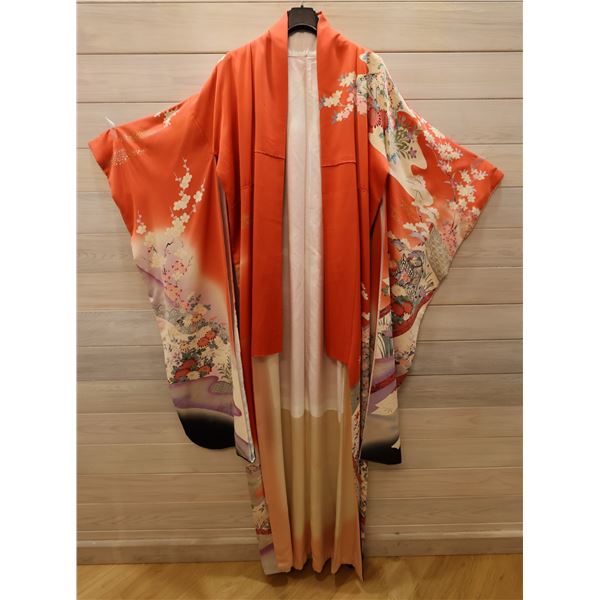 Orange & White Japanese Kimono w/ Floral Design & Tag  Women's One Size