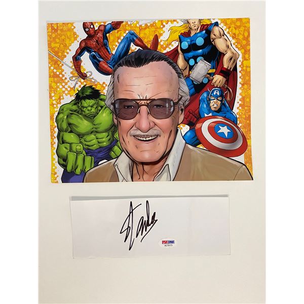 Comic legend Stan Lee original signature and cartoon photo. PSA / DNA