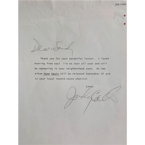 Judy Collins Signed Note