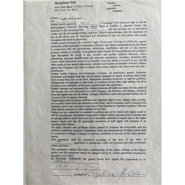 George Burns and Gracie Allen 1962 Broadway Trip signed contract
