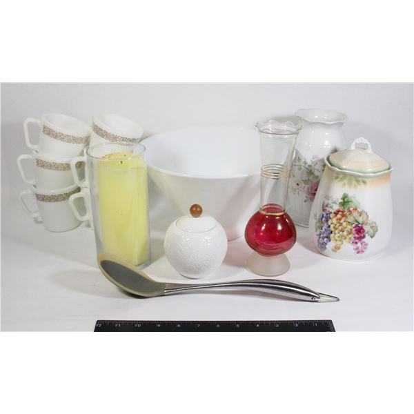 MIXED DISHES LOT WITH 6 PYREX MUGS