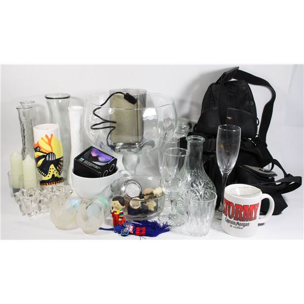 LOT OF VASES, CANDLE HOLDER, CAMERA CASES, ETC