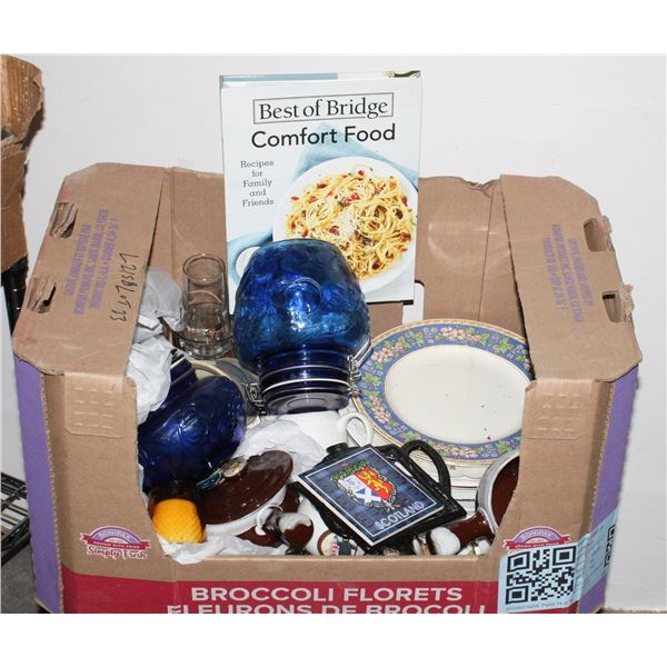 LOT OF JARS, PLATES, SUGAR CREAMER, CANDLE HOLDER