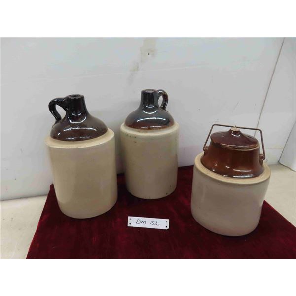 2 Finger Stoneware Jugs and Pickle Crock 