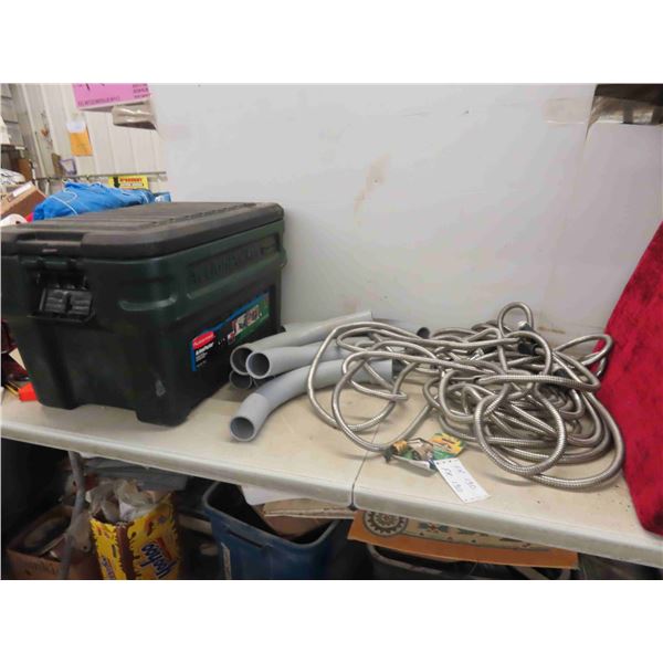 2'' Rigid PVC Conduit, 3 Lengths of Flex Hose, Rubbermaid Tote 