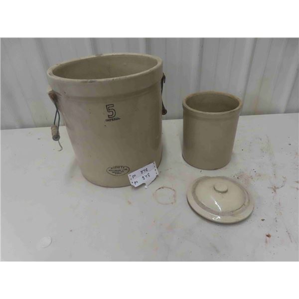Medalta 5 Gal Crock & 1 Gal Crock with Lid. 