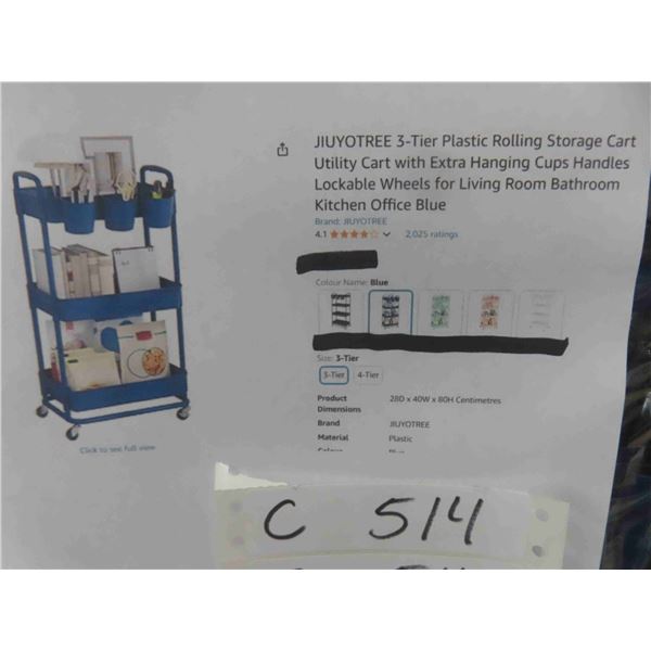 JIUYOTREE 3-Tier Plastic Rolling Storage Cart Utility Cart 