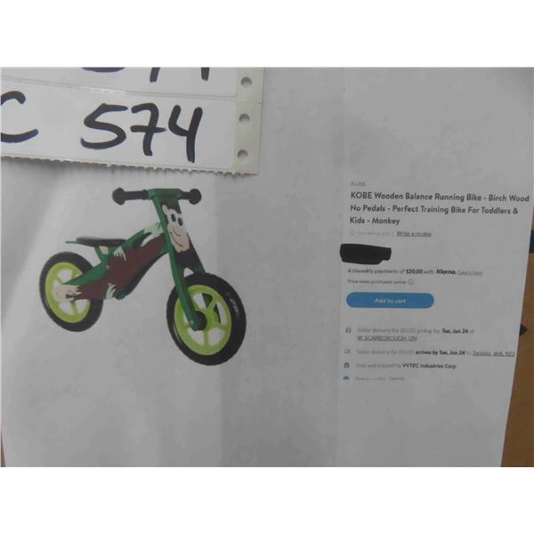 KOBE Wooden Balance Running Bike - Birch Wood No Pedals - 