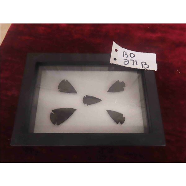5 Vintage Stone Arrowheads in Shadow Box Display