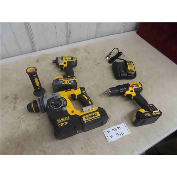 3 Dewalt 20V Tools: 1'' Hammer Drill, 1/4'' Impact, 1/2'' 
