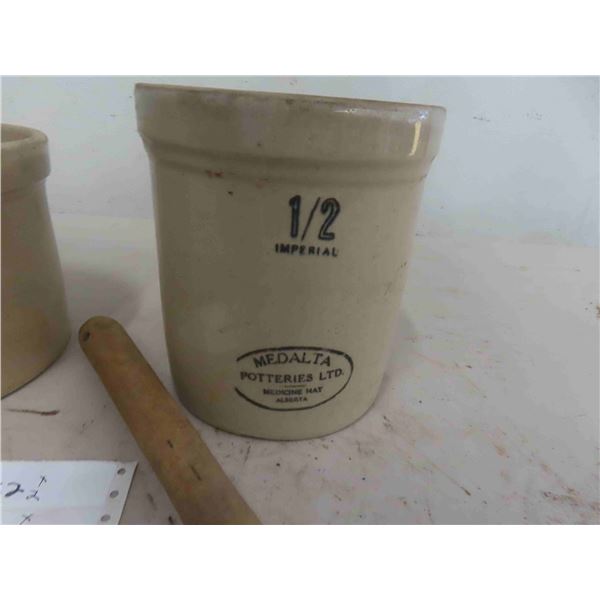 2 Medalta Crocks (1) 1/2 Gallon, (1) Primitive Mixer 