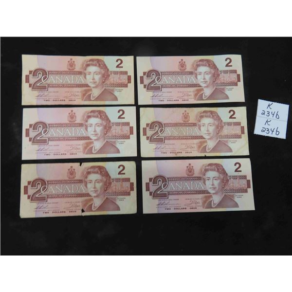 (6) Canadian 1986 $2 Bills 