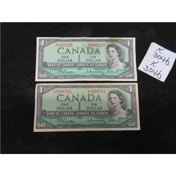 2 Canadian 1954 $1 Bills 