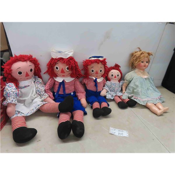 4 Raggedy Anne / Andy Dolls , Vintage Porcelain Doll 