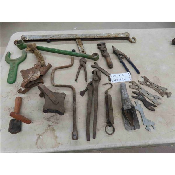 Vintage Tools: Pipe Wrench, Pulley, Oil Can Nozzle, Wrenches &