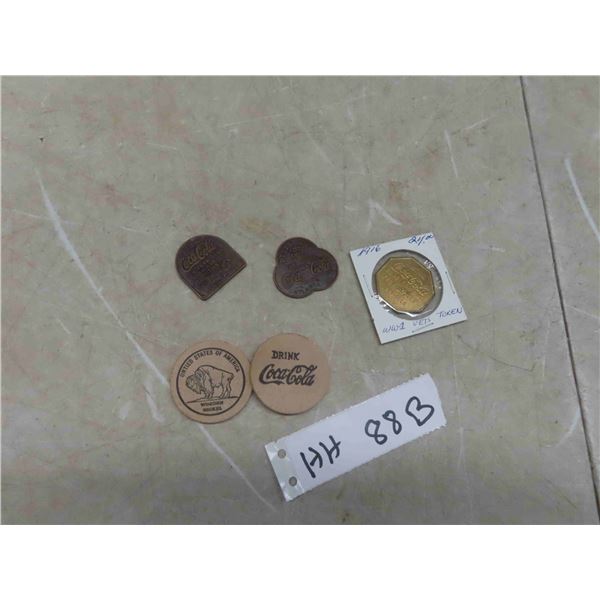 5 Coca Cola Tokens (2) Wood (3) Metal 
