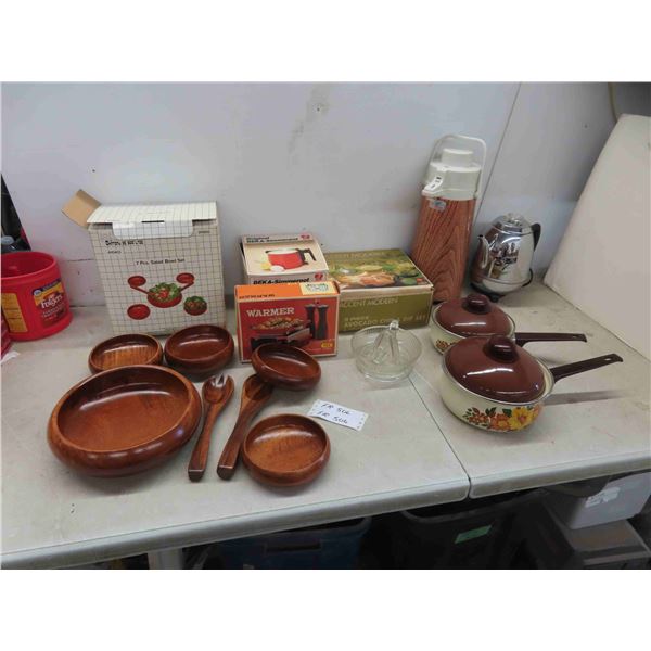 7pce Wood Salad Bowl Set, 2 Pots with Lids, Stainless 