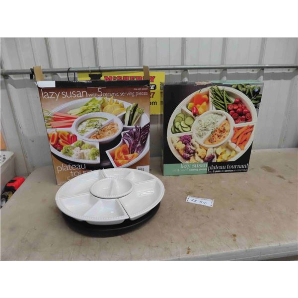 2 Like New Lazy Suzan with 5 Ceramic Serving Pieces 