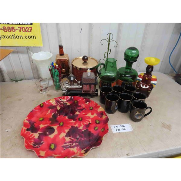 3 Decanters, Ice Bucket, Tray, Coffee Cups & More 