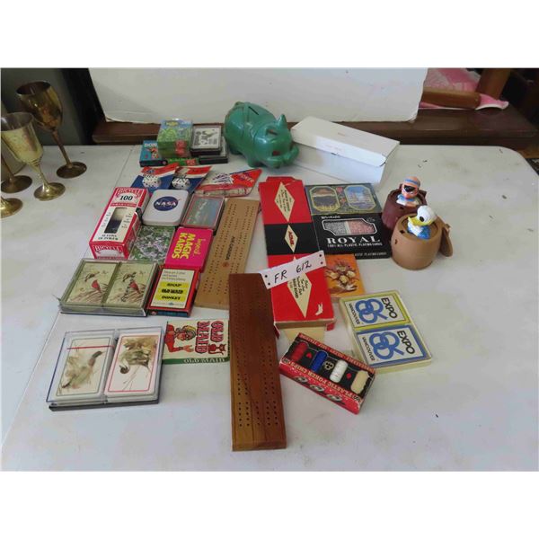 Playing Cards, Crib Boards, Poker Chips, Piggy Bank & 