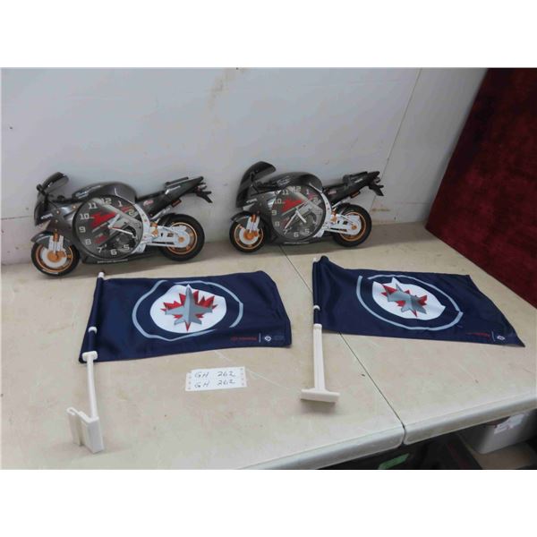 2 Neat Motorcycle Clocks 18'' x 10'' , 2 Jets Car Flags