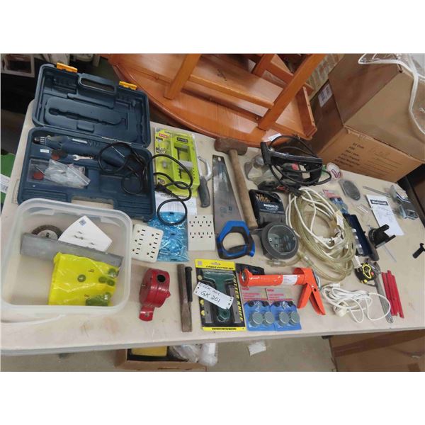 Box of Tools: Rotary Tool, Saw, Caulking Gun 