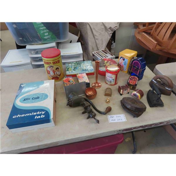 Metal Tins, Meat Grinder, Sad Irons, Avon Bottles with 
