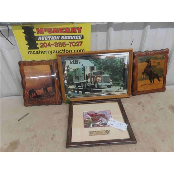Mirror, Semi Clock, Laminated Horse Picture on Wood,