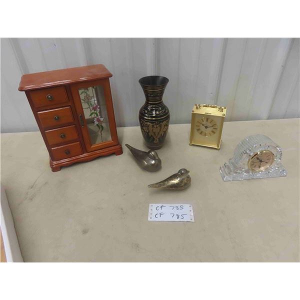 Jewelry Box, Carriage Style Clock, Vase, Ornaments