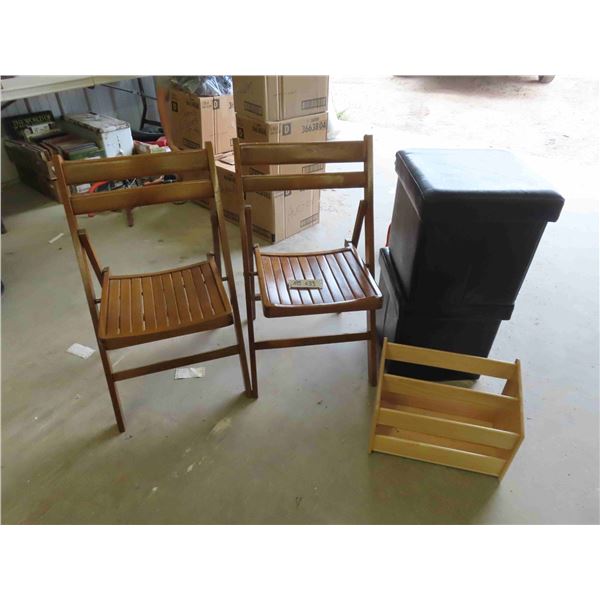 2 Wooden Folding Chairs, Magazine Rack + 2 Upholstered