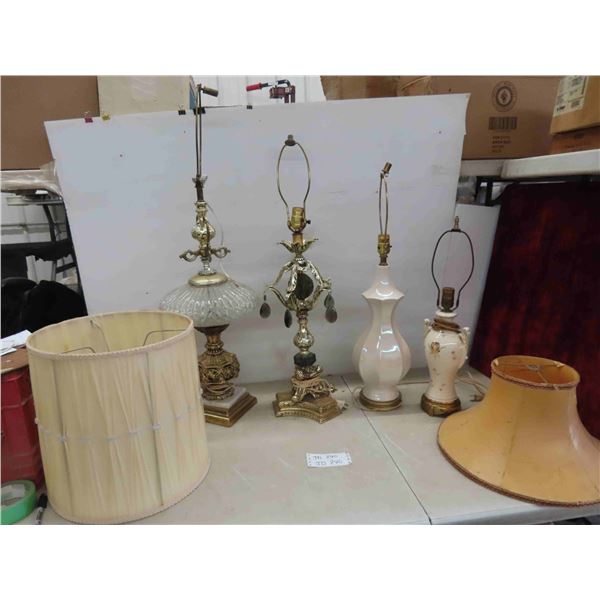 4 Table Lamps, Tallest is 36'', 2 Shades, Brass & Glass 