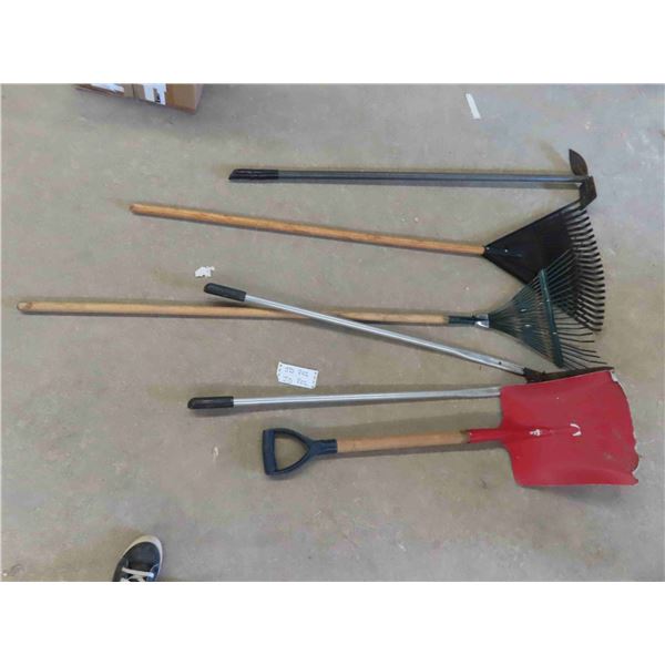 Yard Tools: Fan Rake, Scoop Shovel, Clippers.