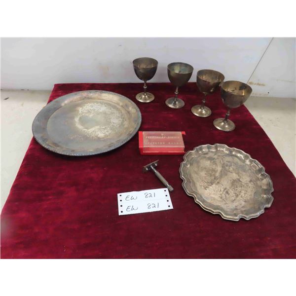 6 Pieces Silver Plated Trays + 4 Goblets + Vintage Razor