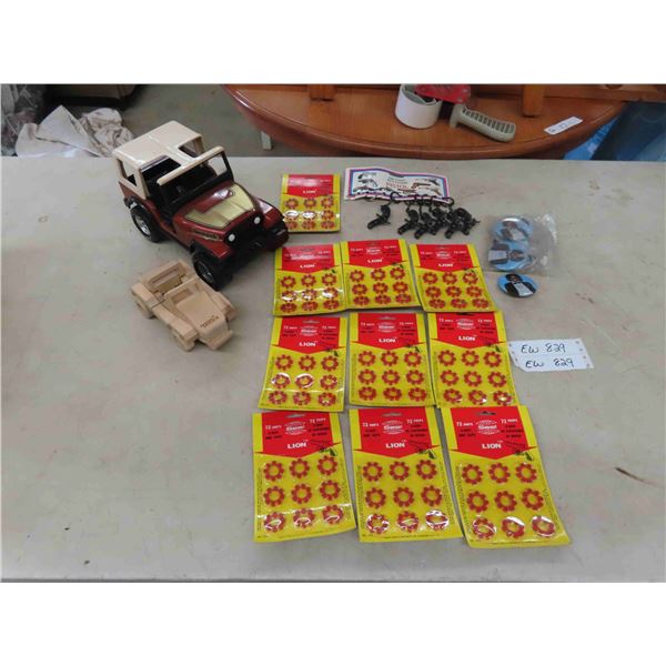 10 Packages of Cups, 6 Diecast Key Chains Pistols,