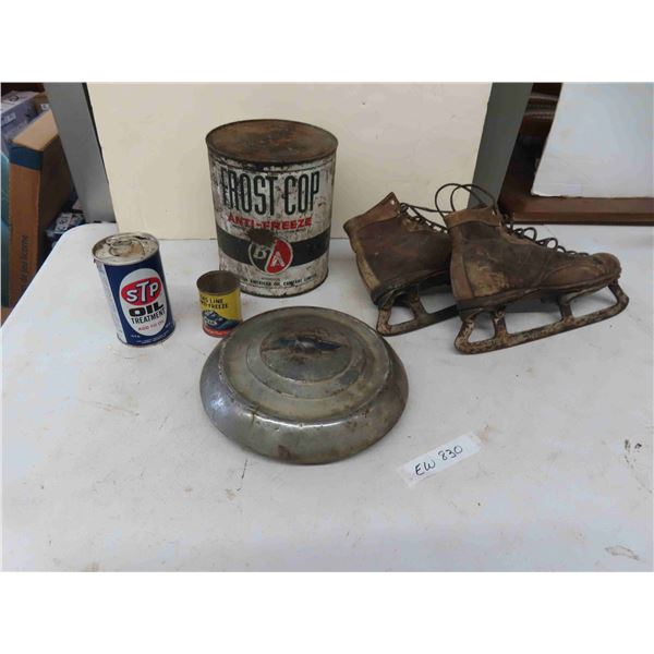 Vintage Ice Skates, Chevy Hub Caps, 5 Cans: STP Oil + 