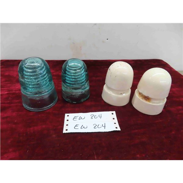 4 Glass Insulators: 2 White CPR & 2 Blue
